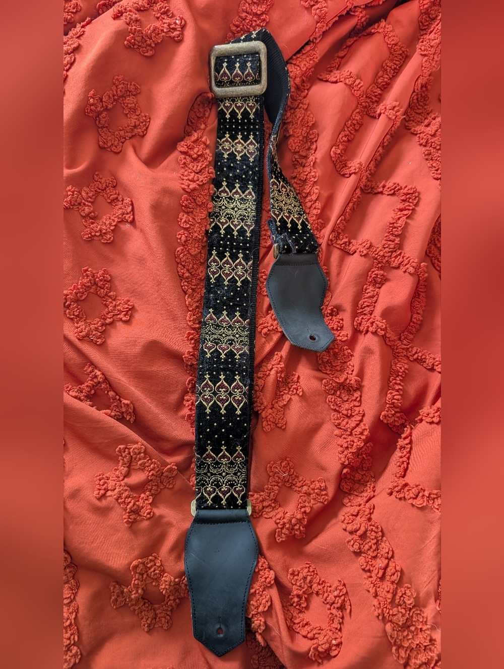 Velvet Black Guitar Strap with Gold & Red Accents